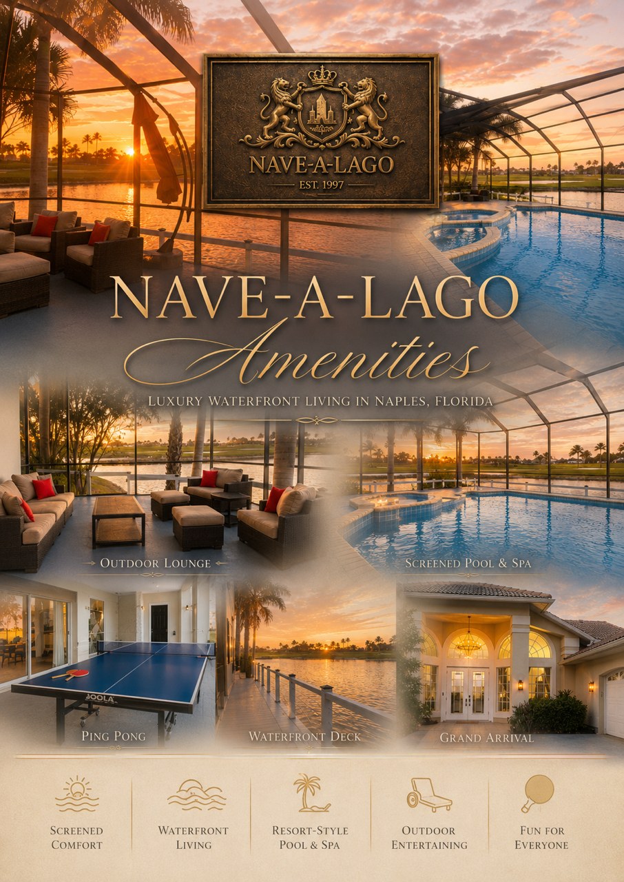 Nave-a-Lago amenities — luxury waterfront living in Naples, Florida: outdoor lounge, screened pool and spa, ping pong, waterfront deck, grand arrival.