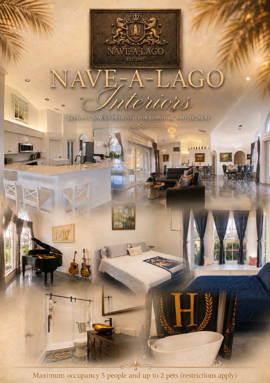 Nave-a-Lago interiors — elegant spaces designed for comfort and retreat. Maximum occupancy 5 people and up to 2 pets (restrictions apply).