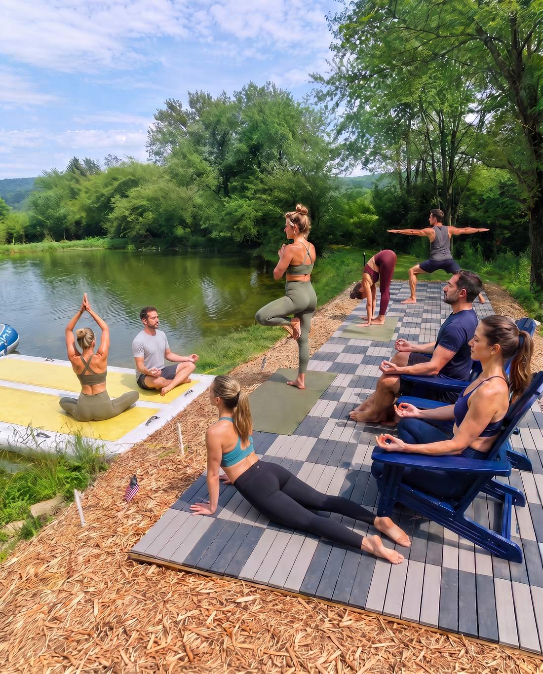 Reflection Ridge — Lakeside yoga on the deck by the pond